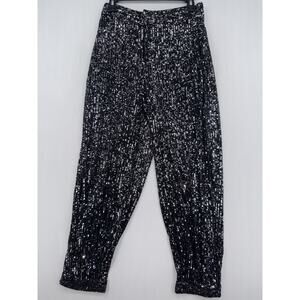 Zara Black Sequin Trousers Elastic Waist Tapered Size Medium Ref 2731 312